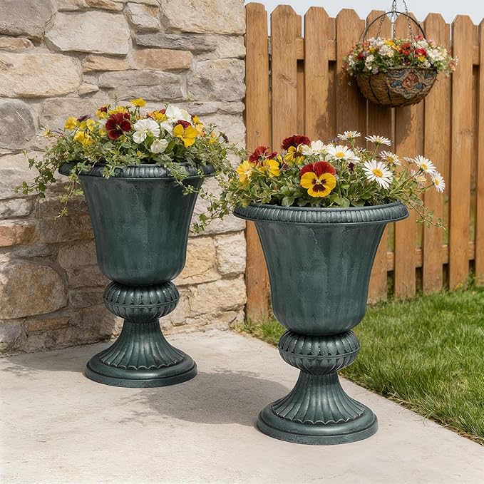 Athena Collection 20''H Garden Plastic Urn Vintage Tall Planter Urn Patio Large Flower Pot Porch Planter Large Planter for Indoor Outdoor Plant, Dark Green AthenaCollectionFurniture
