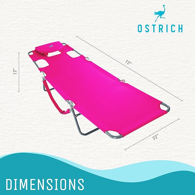 Ostrich Beach Lounge Chair, Folding & Reclining Outdoor Chaise Lounger, Pink - Portable Adjustable Recliner Chair for Lawn, Pool, Patio, Garden, and Yard OstrichProducts