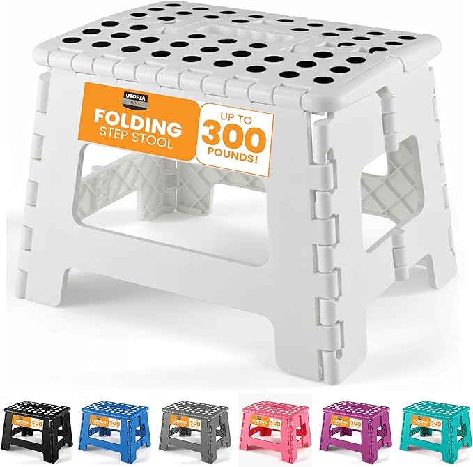 Utopia Home Folding Step Stool with Handle – 9 Inch Anti Slip Collapsible Stool – Holds Up to 300 lbs – Sturdy Plastic Step Stool Foldable for Kitchen, Bathroom and Home Use (1-Pack, White) UTOPIAHOME