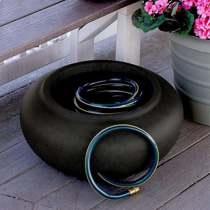 The HC Companies 21 Inch Garden Hose Pot - Durable Lightweight Plastic Decorative Hose Pot for Yard, 100-Foot Capacity Hose Storage, Black TheHCCompanies
