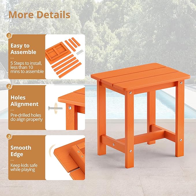 LUE BONA Outdoor Side Table Set of 2, HDPS Small Outdoor Table, Adirondack Side Table, Outside End Table for Patio, Porch, Deck, Pool, Weather Resistant/Easy Maintenance/Indoor or Outside Use, Orange LUEBONA