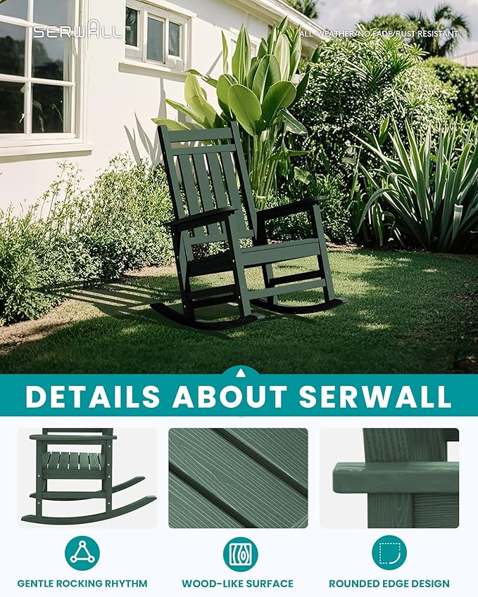 SERWALL Oversized Outdoor Rocking Chair Set of 4, HDPE Rocker for Adults, Patio Rocking Chairs for Porch, Green SERWALL