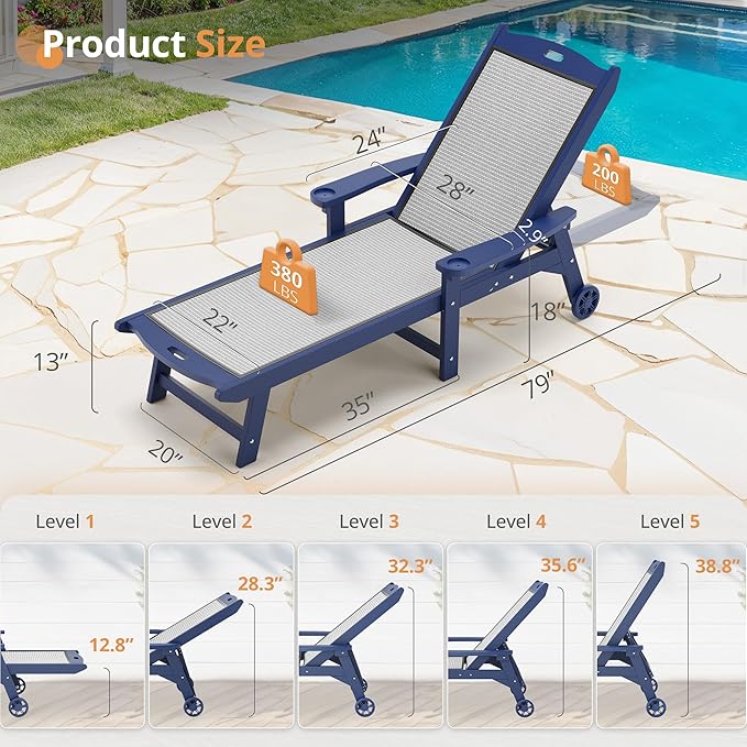 LUE BONA Chaise Lounge Chair Outdoor Set of 2, HDPS and HDPE Wicker Material, Patio Lounge Chair with Adjustable Backrest, Resin Pool Lounge Chairs with Wheels for Backyard, Poolside and Deck LUEBONA