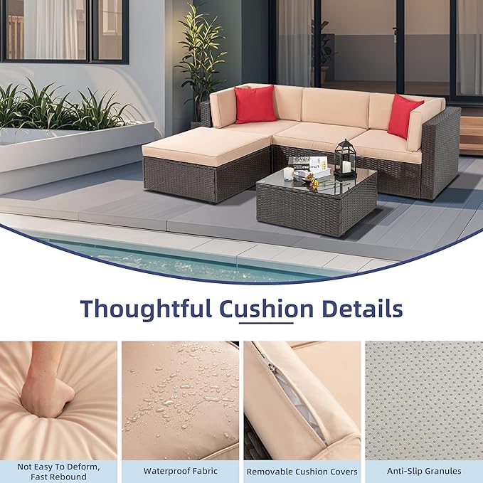 Vongrasig 5 Piece Patio Furniture Sets, Outdoor Patio Set Sectional Sofa, All-Weather PE Rattan Outdoor Couch with Ottoman, Glass Table for Garden, Backyard, Porch, Beige Vongrasig