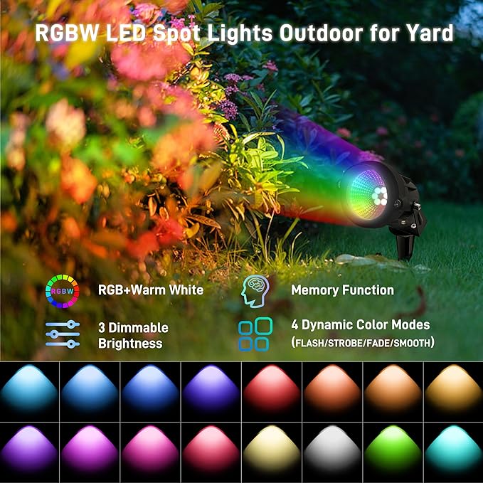 Christmas Landscape Lights 12W RGBW Outdoor Spot Lights for Yard, Low Voltage LED Landscape Spotlight with Remote Control, IP65 Waterproof Yard Spotlgiht for Lawn, Garden, 6 Pack UPONELED