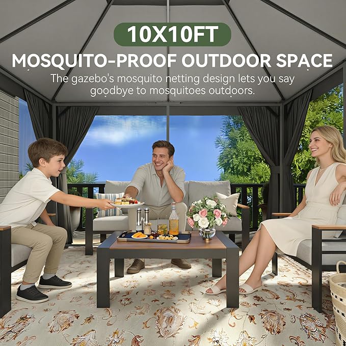 Aoxun Outdoor Gazebo for Patio 10x10, Metal Frame Canopy with Double Roofs, Heavy Duty Party Tent and Shelter with Mosquito Netting and Privacy Screen for Backyard, Lawn, Garden, Deck Aoxun