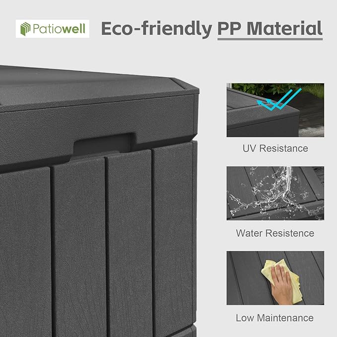 Patiowell 82 Gallon Resin Deck Box, Waterproof Large Wood Look Storage Box for Patio Furniture, Pool Accessories, Garden Tools and Sports Equipment, Lockable, Black Patiowell