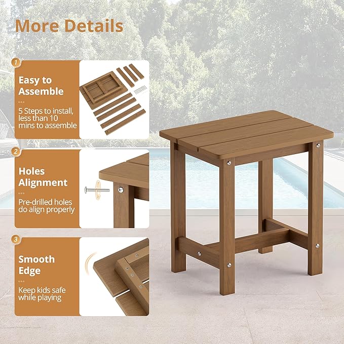 LUE BONA Outdoor Side Table, HDPS Small Outdoor Table, Adirondack Side Table, Outside End Table for Patio, Porch, Deck, Pool, Weather Resistant/Easy Maintenance/Indoor or Outside Use, Brown LUEBONA