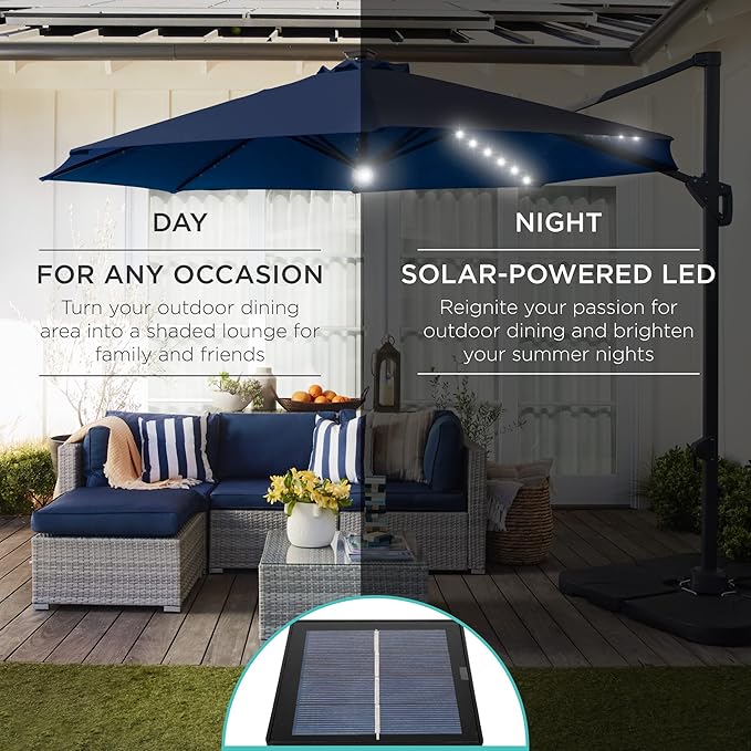 Best Choice Products 10ft Solar LED Cantilever Patio Umbrella, 360-Degree Rotation Hanging Offset Market Outdoor Sun Shade for Backyard, Deck, Poolside w/Lights, Easy Tilt, Cross Base BestChoiceProducts