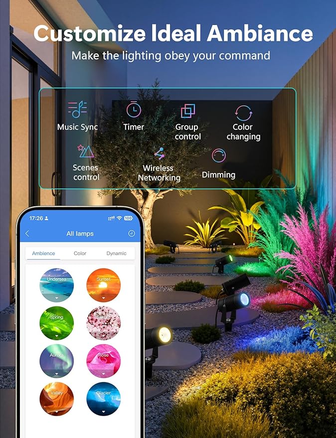 Smart Landscape Lights, APP Controlled RGBCW Color Changing Spot Lights, IP65 Waterproof 24V Low Voltage Outdoor Spotlights for Garden Yard Pathway Holiday Decor TakThree