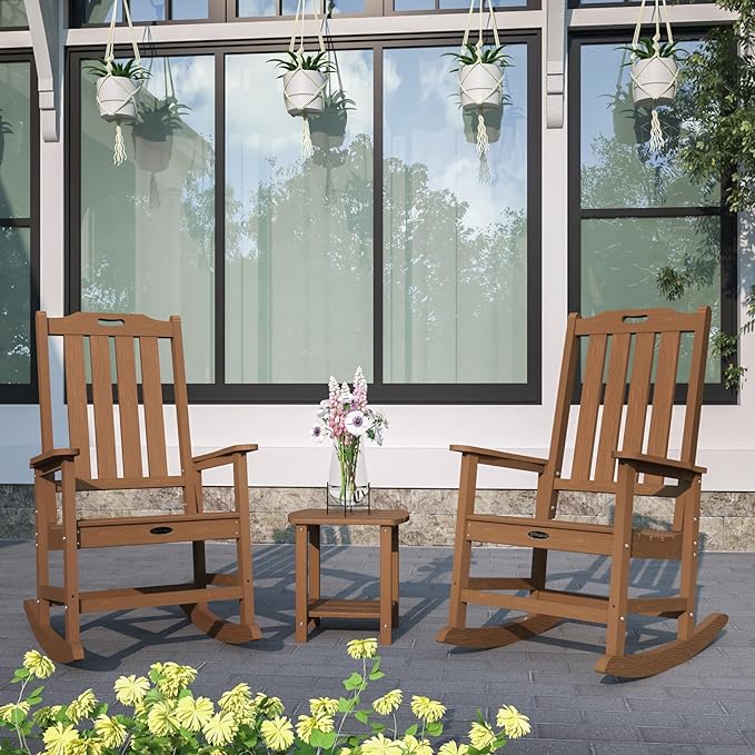 Oversized Rocking Chair, Outdoor Rocking Chair for Adults, All Weather Resistant Porch Rocker for Lawn Garden, Wood THOEOE