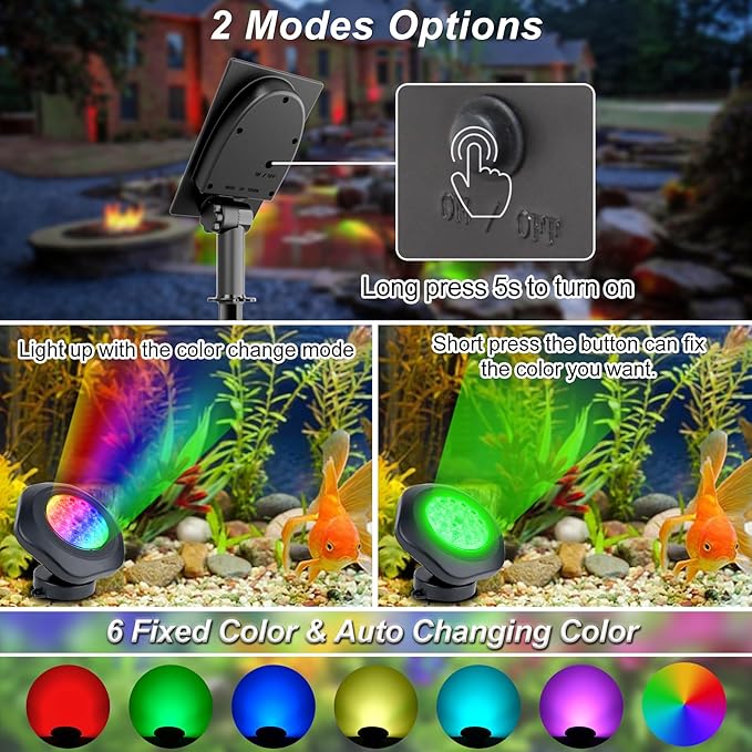 Solar Pond Lights, 18 LED Super Bright RGB LED Underwater Spotlights Color Changing Submersible Pond Light IP68 Waterproof Fountain Lights for Fish Aquarium Tank Garden Yard Pool (5-in-1) CREPOW