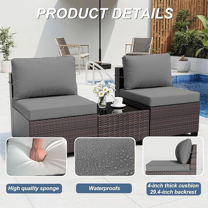 ALAULM Patio Furniture Set with Coffee Table, 7 Pieces Outdoor Sectional with Wide Seat and Thick Cushion, All Weather Wicker Rattan Conversation Set for Backyard, Garden, Deck, Grey ALAULM