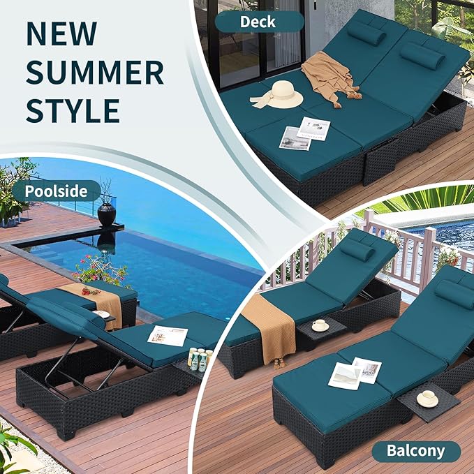 WAROOM Outdoor Chaise Lounge Chairs for Outside Patio Furniture Set of 2 Wicker Recliner Black Rattan Sunbathing Lounger Adjustable Backrest Pool Reclining Chair, Peacock Blue Cushion WAROOM
