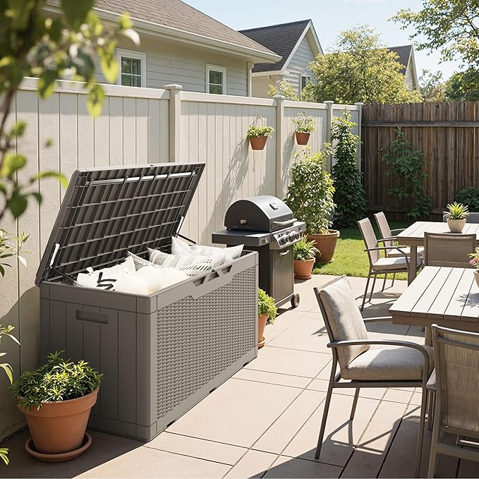 Greesum 100 Gallon Resin Deck Box Large Outdoor Storage Boxes with Cushions for Garden Tools, Patio Furniture Pillows, Pool Supplies, Light Coffee BuynowfromGreesum