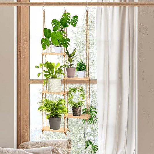 Novabright Window Hanging Plant Shelf with Wooden Shelves Macrame Rope Hanging Plant Stand with 3 S Hooks for Indoor Outdoor Bedroom Window Sill Balcony Boho Decor (Natural Wood Color,1 Pcs) Rootora