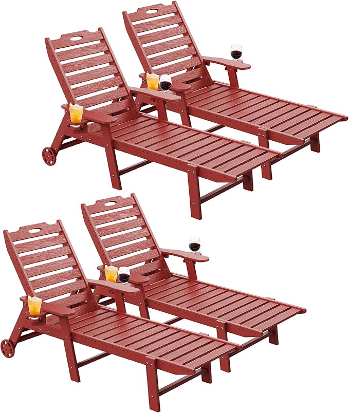 Carauci Lounge Chair Outdoor Set of 4, HDPE Chaise Lounge with Wheels, 5-Position Adjustable Backrest & 2 Cup Holders Patio Lounge Chair, All-Weather Pool Sun Lounger for Poolside, Backyard, Red Carauci