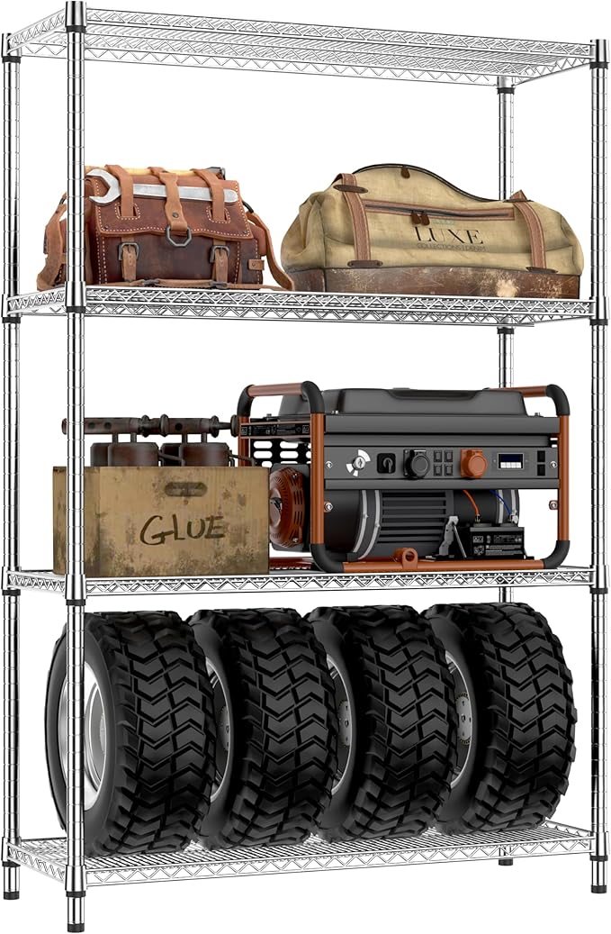 IZEUK 3400 LBS Garage Shelving Wide Storage Shelves 4 Tier Metal Shelves Heavy Duty Adjustable Utility Shelf Rack Chrome 17.7" D x 47.2" W x 70.4" H IZEUK