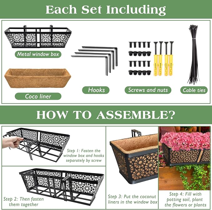 ZeeDix 3 Pack Metal Window Box for Railings, 24 Inch Over Railing Planter Boxes with Coco Liners, Hanging Flower Box Planters for Outdoor Fence Deck Porch Balcony & Patio ZeeDix