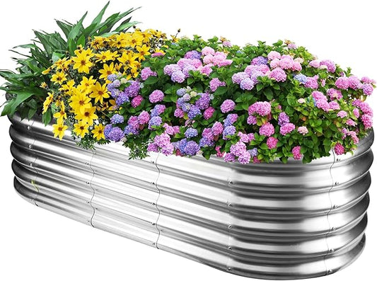 17" Tall Outdoor Garden Raised Garden Bed Kits, 5ft X 2ft Oval,0.8MM Thick Metal Raised Planter Bed/Ground Planter Box for Variety of Flowers,Herbs,Vegetables (Silver, 60X24X16.5 Inches) YSEJOMP