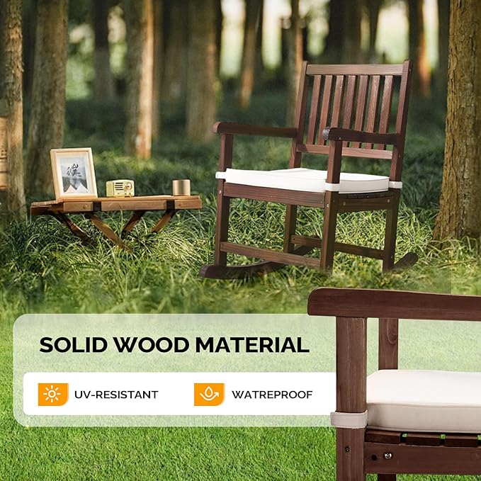 VINGLI Outdoor Rocking Chair, Weatherproof Rocker with Cushion, Wooden Rocking Bench Support 450 LBS for Patio, Yard, Garden, Outdoor or Indoors, Rustic VINGLI