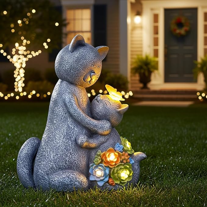 Solar Garden Statues Loving Cat Figurine Lights for Outside, Yard Decorations Outdoor, Garden Decor Unique Mothers Day Birthday Housewarming Gifts for Mom, Women, Lover Candieslife
