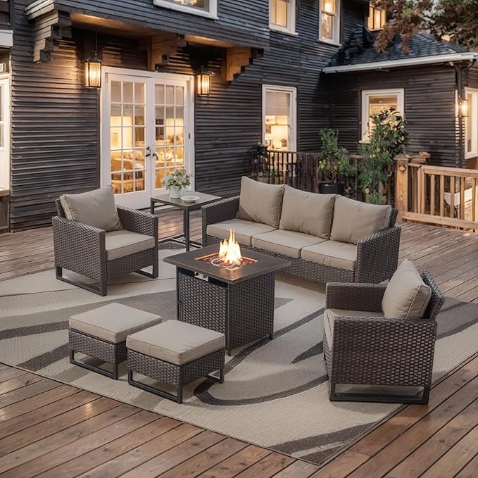 Belord 7 Pieces Patio Furniture Set with 50000BTU Propane Fire Pit Table: Wicker Patio Conversation Set with Outdoor Club Chairs Patio Couch Metal Side Table, All Weather Brown Rattan Belord
