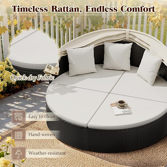 Devoko Patio Furniture Outdoor Round Daybed with Retractable Canopy Wicker Rattan Separated Seating Sectional Sofa for Patio Lawn Garden Backyard Porch DEVOKO
