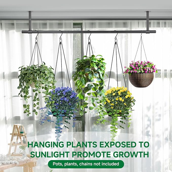 Hanging Planters Rod – Plant Hanger Indoor for Window Ceiling, Hanging Plant Shelf for Wall Planter House Plants, Plant Shelves Metal Holder Bar 47.5In (Pots, plants, chains not included) Rootora
