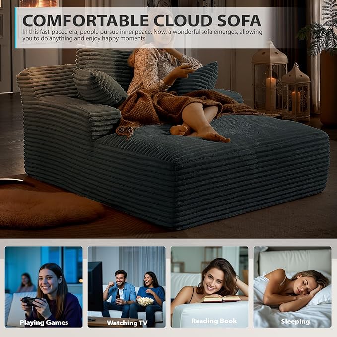 50 Inch Chaise Lounge Chair Indoor, Oversized Corduroy Upholstered Boneless Sofa Bed, Deep Seat Sleeper Couch Reading Chairs, Cloud Sofas Couches for Living Room, No Assembly Required (Dark Grey) ivoros