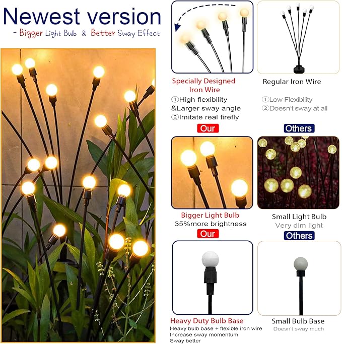 TONULAX Solar Garden Lights - Upgraded Solar Swaying Light, Sway by Wind, Outdoor Lights, Yard Patio Pathway Decoration, High Flexibility Iron Wire & Heavy Bulb Base, Warm White(10 Pack) TONULAX