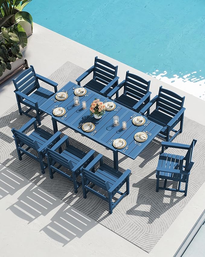 SERWALL 7-Piece Patio Dining Sets, 60" - 83" Expandable Outdoor Dining Table and 6 HDPE Chairs, All Weather HDPE Outdoor Furniture Set for Backyard, Garden, Blue SERWALL