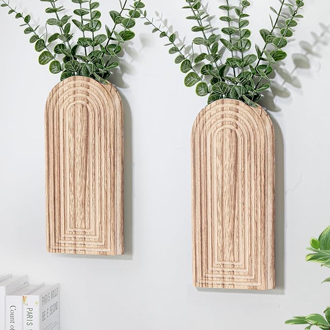 Wooden Wall Planter Vase Set of 2, Boho Hanging Planter for Indoor Plants & Flowers, Natural Wood Wall-Mounted Planters for Art Home Decor - Living Room, Bedroom, Bathroom, Patio (Natural Wood) Rootora