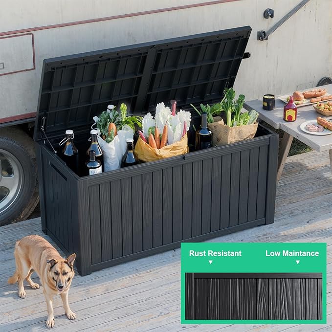 200 Gallon Outdoor Deck Box, Lockable Waterproof Outdoor Storage Boxes For Garden Tools,Indoor Cushions,Accessories Outside Storage Resin Weatherproof Container(Black) MAIUSCOLI