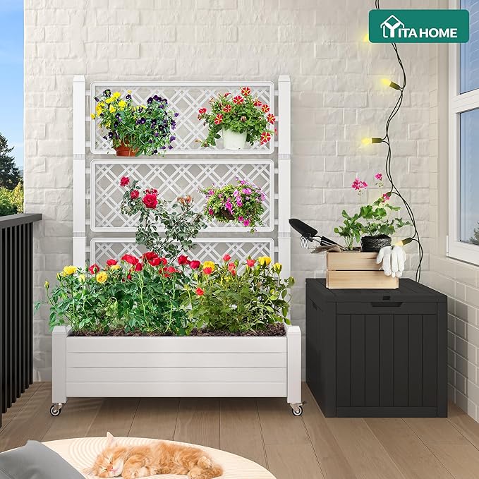 YITAHOME 43.3x17.7x61 in Planter Trellis Box with Wheels & Drain Plug, Outdoor Resin Raised Garden Bed for Climbing Plants, Large Weather-Resistant Design, Grayish-White YITAHOME