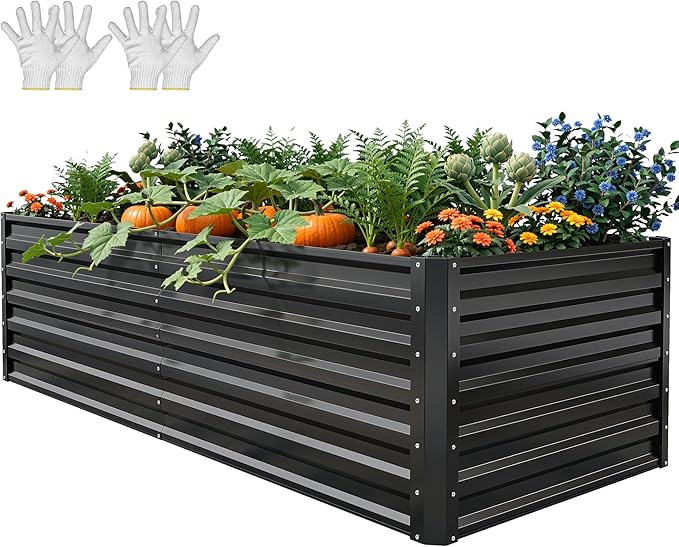 YITAHOME 6x3x2ft Large Raised Garden Bed Kit, Galvanized Metal Planter Box with Gloves, Ground Nails, Support Rod, Outdoor Above Ground Planters for Plants Vegetables Flowers, Black YITAHOME