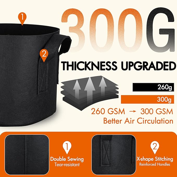 Gardzen 10-Pack 10 Gallon Grow Bags, 300G Thickened Aeration Fabric Pots with Handles, Heavy Duty Cloth Pots for Plants Gardzen