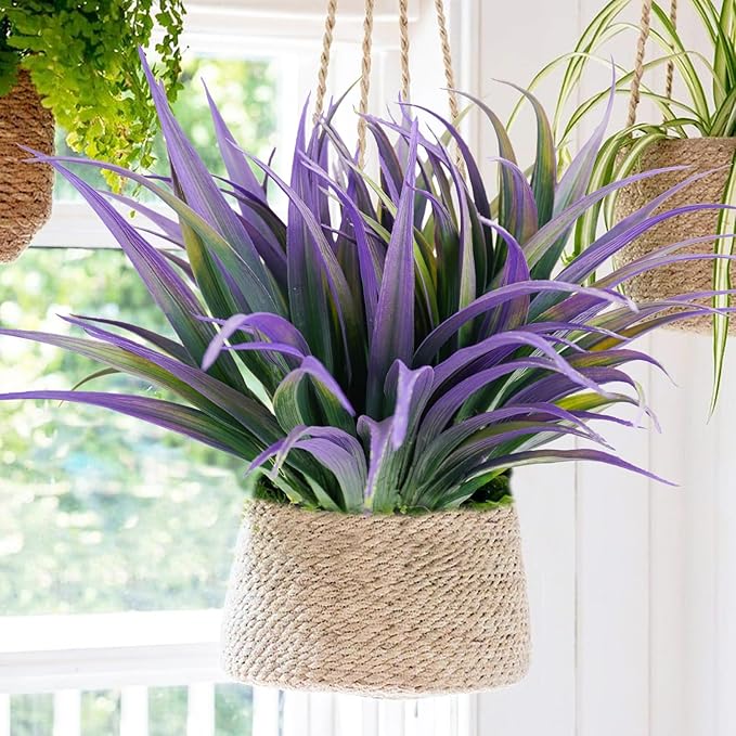 16Pcs Artificial Grass Fake Plants 17.3in Outdoor Plants UV Resistant Faux Greenery Stems Fake Grass for Home Window Garden Office Patio Pathway Front Porch Halloween Décor Green & Purple Phliofd