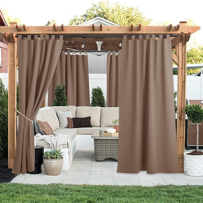 NICETOWN Outdoor Curtainss for Patio Waterproof, Self-Stick Tab Top Blackout Indoor Outdoor Dividers Wind Resistant Thermal Insulated Slider for Porch & Pergola, 52" Wide by 120" Long, Tan, 2 Pieces NICETOWN
