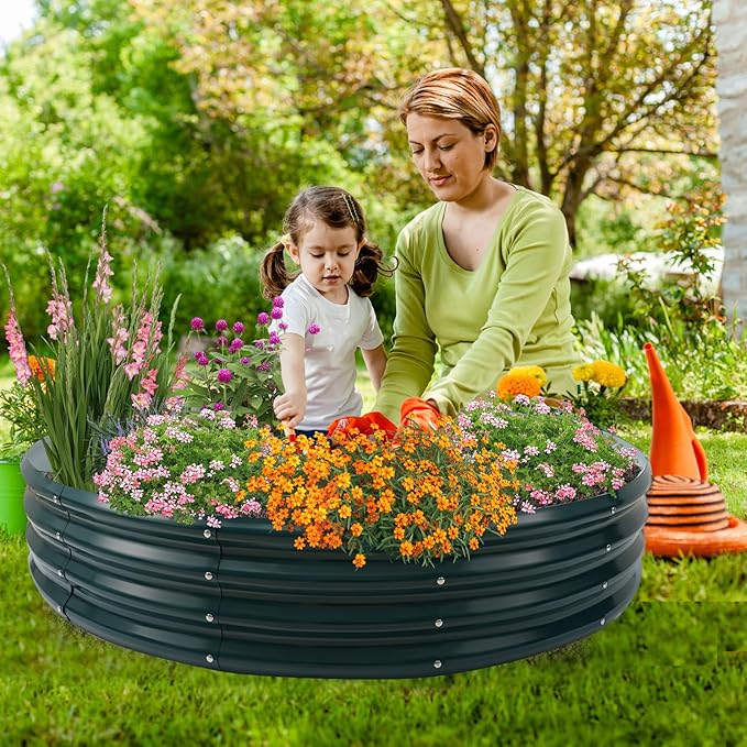 Galvanized Raised Garden Beds for Gardening - 4x4x1ft Round Metal Planter Boxes Above Ground Outdoor for Vegetables,Flowers,Herbs, Garden Container Green Rootora