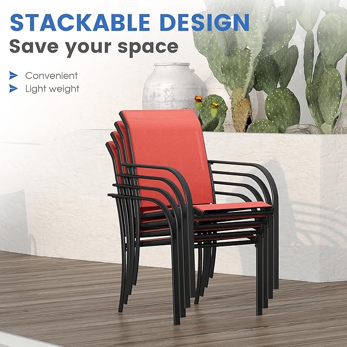 VICLLAX Patio Dining Set for 6, Outdoor Furniture Set Includes 63" Rectangle Patio Table and 6 Patio Sling Chairs, Outdoor Table and Chairs for Outsides, Black Tabletop and Red Fabric HOME
