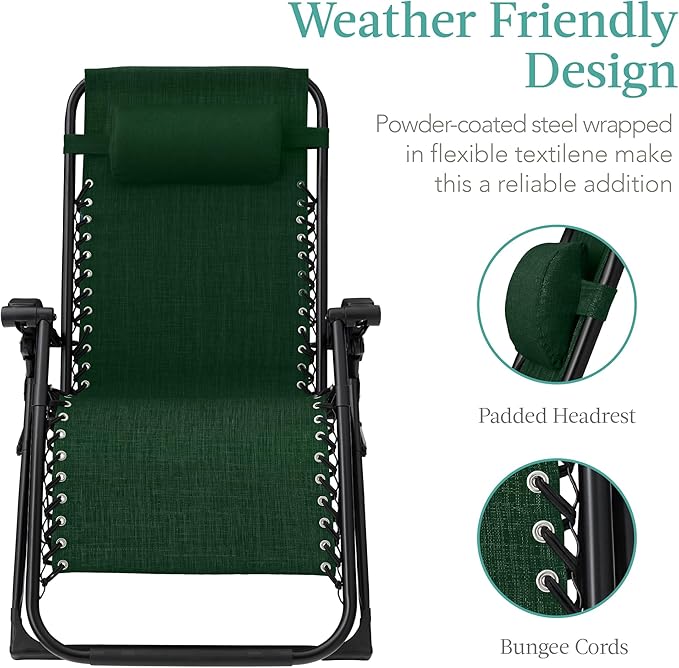 Best Choice Products Oversized Zero Gravity Chair, Folding Outdoor Patio Recliner, XL Anti Gravity Lounger w/Removable Cushion, Cup Holder, Side Tray, 350lb Capacity - Forest Green BestChoiceProducts