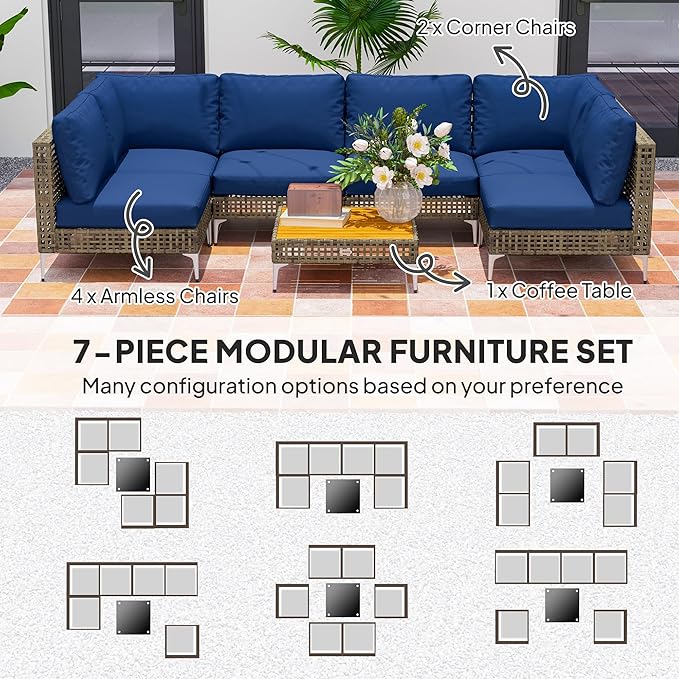 Outsunny 7 Piece Wicker Patio Furniture Set, Modular Outdoor Sectional with Thickened Cushions, Rattan Outdoor Furniture Conversation Set with Slatted Acacia Wood Table for Backyard, Brown/Dark Blue Outsunny