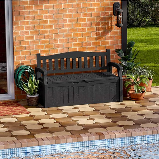 Patiowell 75 Gallon Plastic Storage Bench, Water-Resistant Deck Box for Patio Furniture, Garden Tools, Pool Storage and Outdoor Cushions, Black Patiowell