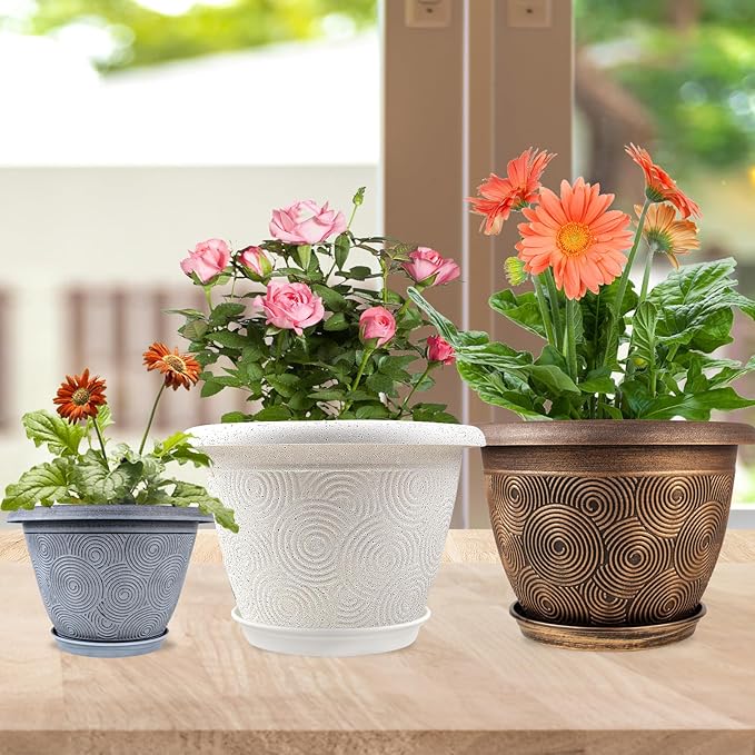 16 Inch Large Planter Pot for Plants Indoor Outdoor, 4 Pack Plastic Flower Pots with Drainage Hole & Tray, Modern Decorative Garden Pot with Saucer, Plant Container for House Fodetyff