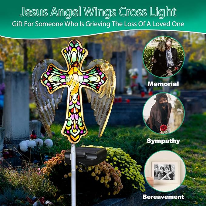 YJFWAL Solar Glass Cross Garden Stake Light, Cemetery Decorations for Grave Outdoor Lights, Easter Jesus Cross Angel Wings Sympathy Memorial Gifts, for Garden Lawn Yard Patio Decor YJFWAL
