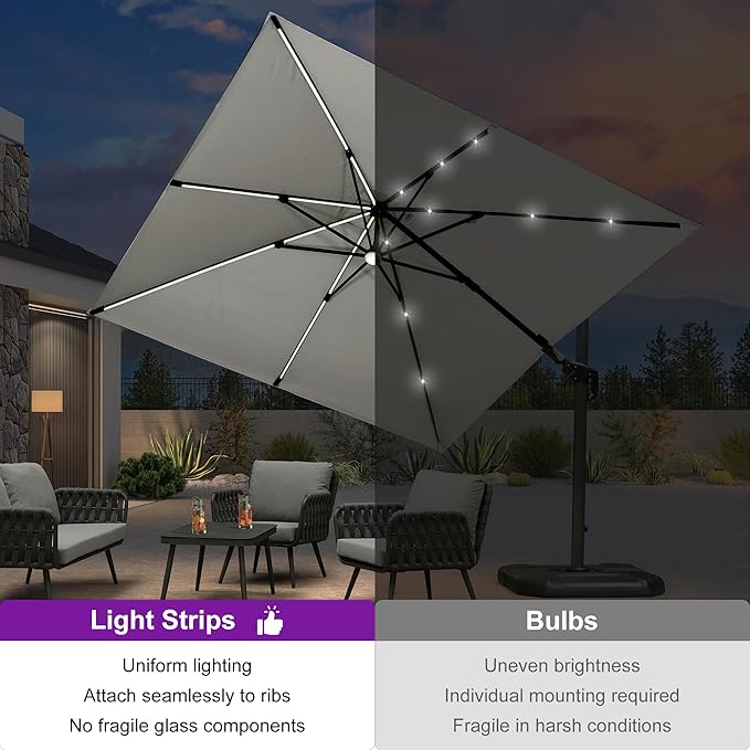PURPLE LEAF 10 Feet Patio Umbrella with Base Outdoor Cantilever Solar Powered LED Swivel Square Umbrella Aluminum Offset Umbrella with 360-degree Rotation for Garden Deck Pool Patio White PURPLELEAF