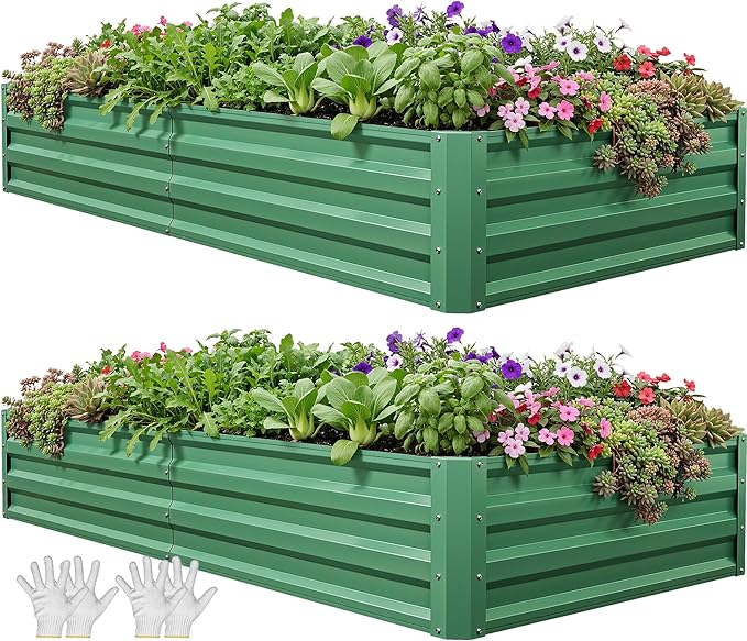 YITAHOME 6x3x1ft 2pcs Large Raised Garden Bed Kit, Galvanized Metal Planter Box with Gloves, Ground Nails, Support Rod, Outdoor Above Ground Planters for Plants Vegetables Flowers, Green YITAHOME