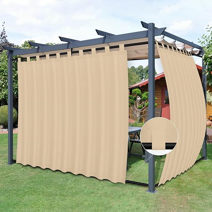 Easy-Going Outdoor Patio Curtains Detachable Tab Top Windproof Weatherproof Curtain for Cabana, Porch, Pergola and Gazebo, Tab Bottom Drape, 2 Panels, 110W x 96L inch, Beige Easy-Going