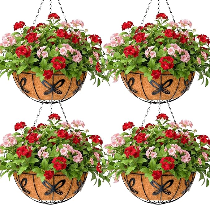 12 inch Metal Hanging Baskets For Plants Outdoor 4 Pack Round Metal Wire Hanging Basket Planter with Coco Fiber Liners Chain Round Wire Plant Holder for Garden, Patio, Deck, Porch Plants Flower Potss JFFLYIT